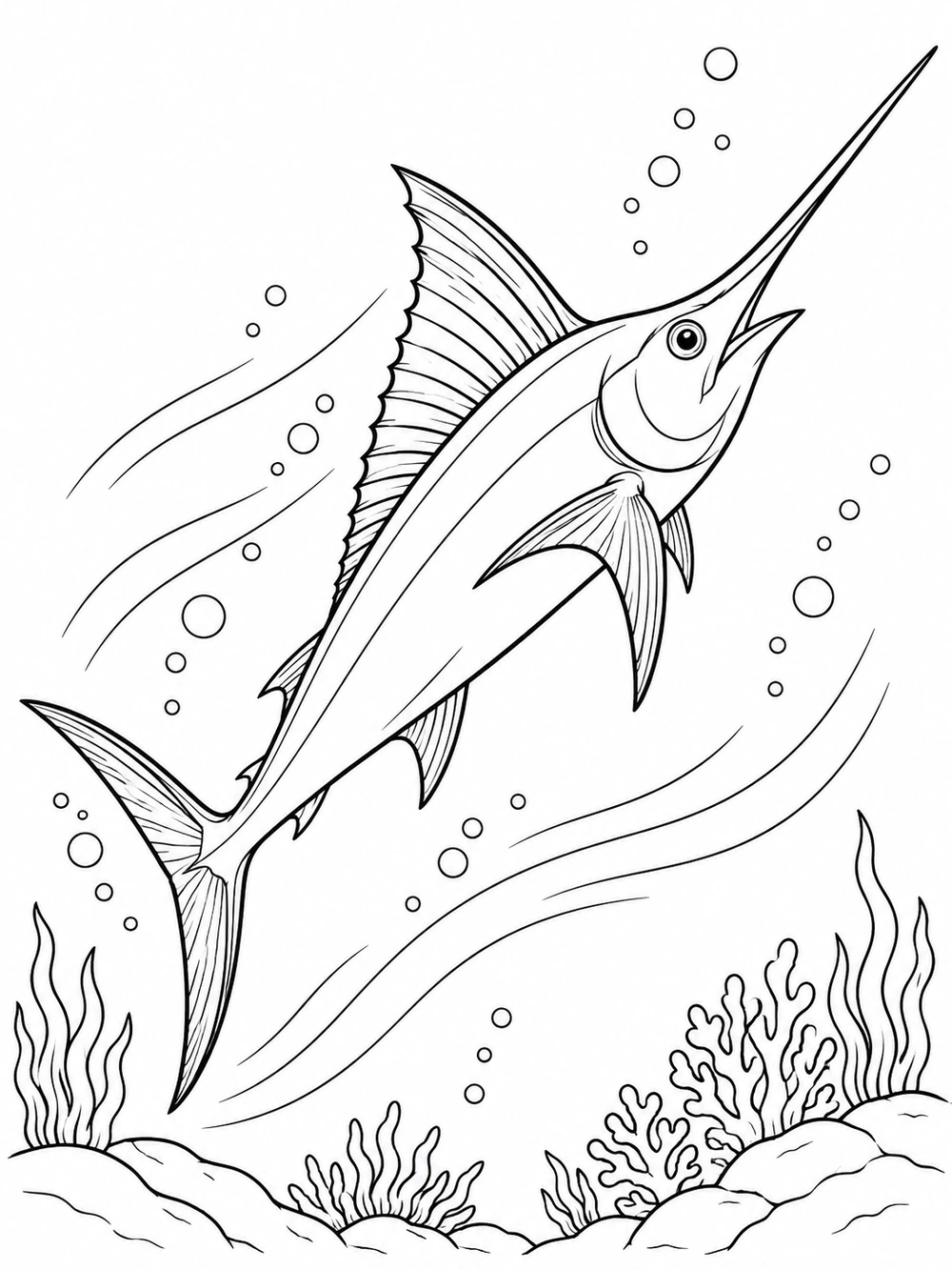 Swordfish with a long pointed bill swimming upward among bubbles and sea plants