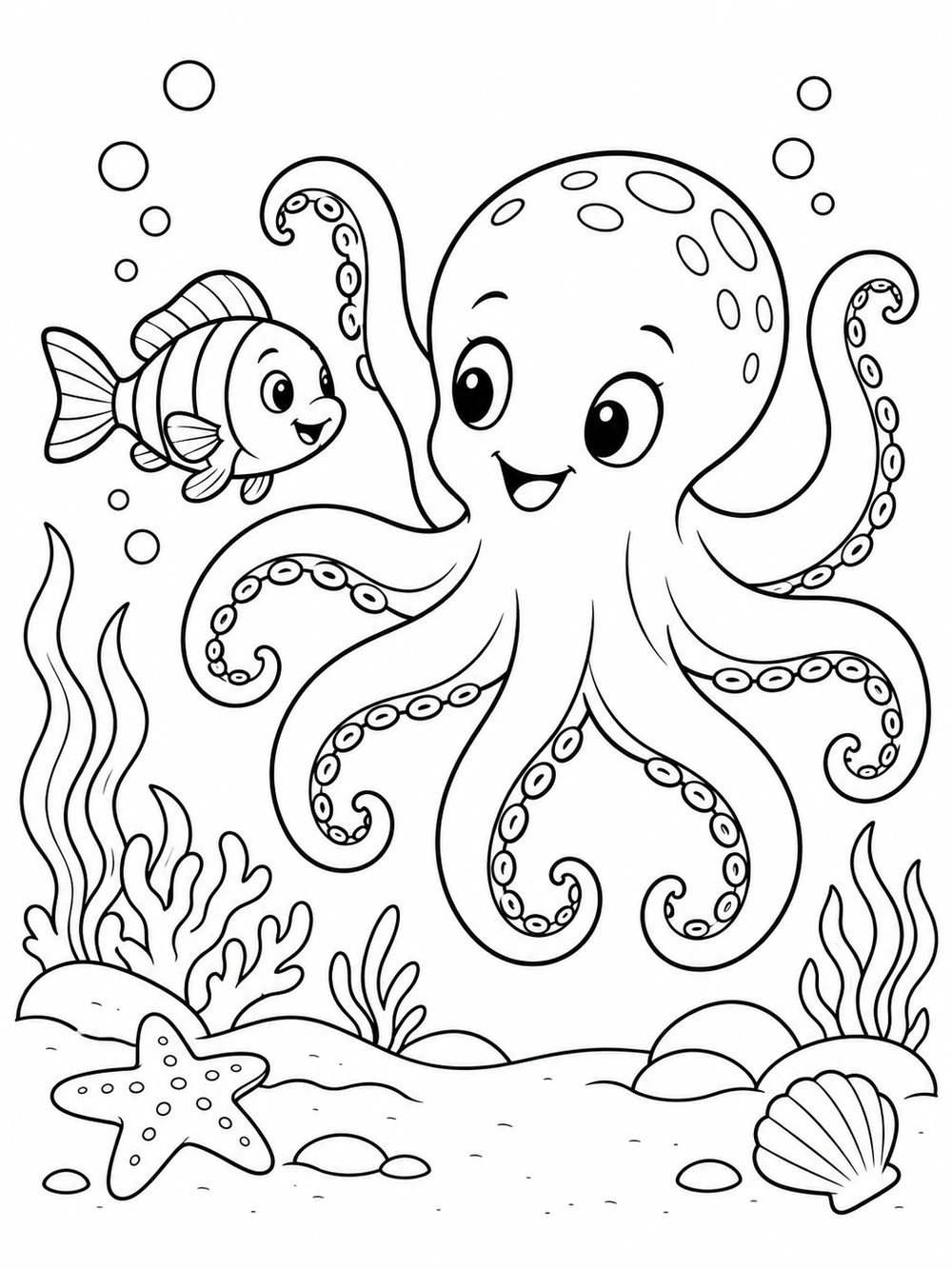 A small striped fish beside a smiling octopus with eight curling, sucker-lined arms, underwater plants, and a starfish, drawn in black outlines on white.