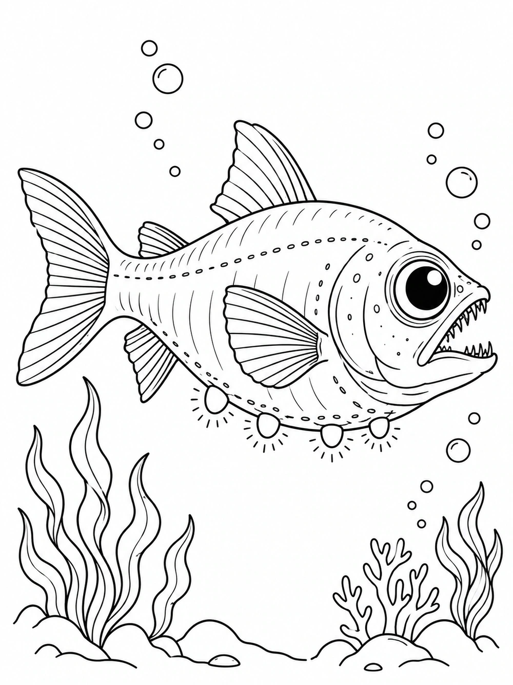 Profile view of a large-eyed lanternfish with outlined light organs, bubbles, and sea plants.