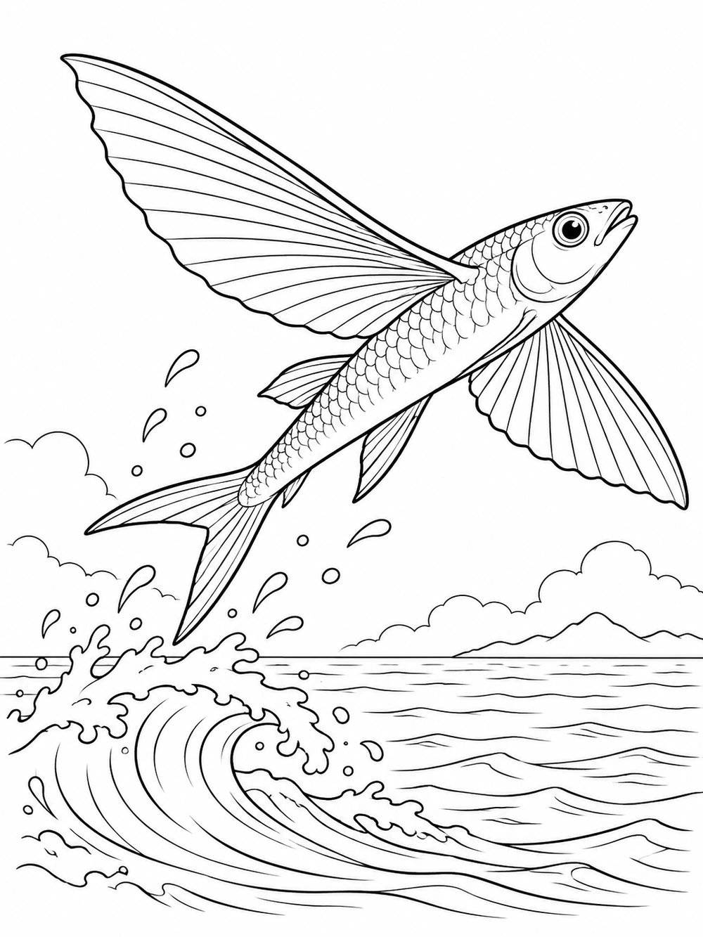 A flying fish with wide wing-like fins leaps above a curling wave, with droplets and a distant horizon.
