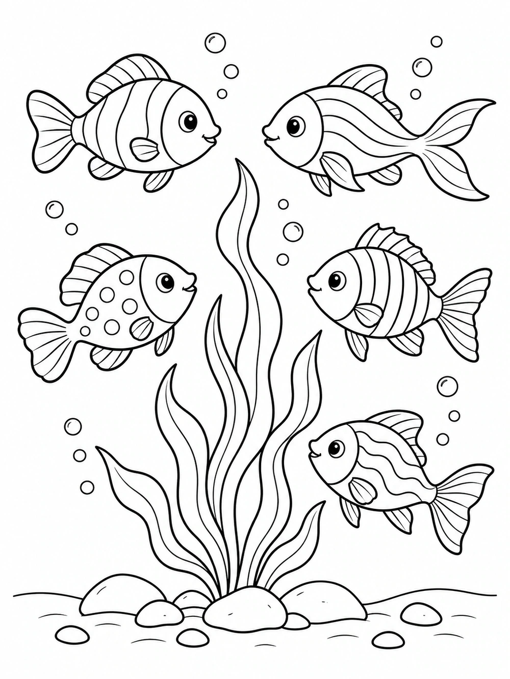 Five separate fish with varied stripes and spots swimming around a tall sea plant, with bubbles and stones on the seabed.