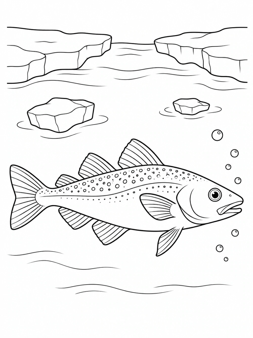 Black-and-white coloring page showing a spotted Arctic cod in side view beneath a broken ice shelf, with two small ice chunks and bubbles.