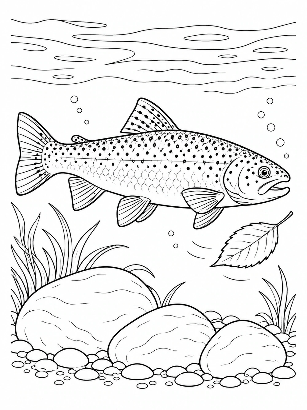 Spotted trout swimming above river stones with a leaf nearby