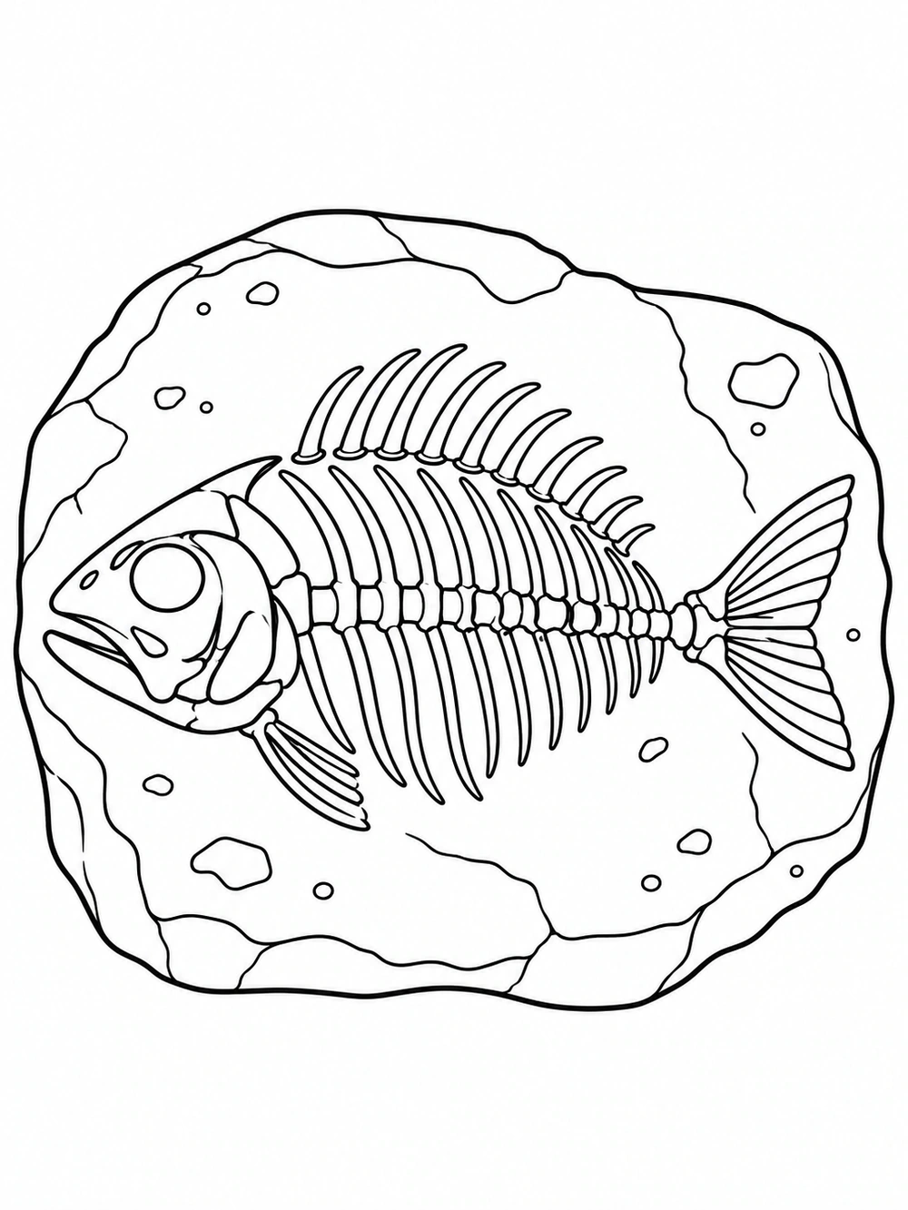 Fish skeleton fossil with a clear skull, ribs, backbone, and tail bones inside a rounded stone slab.