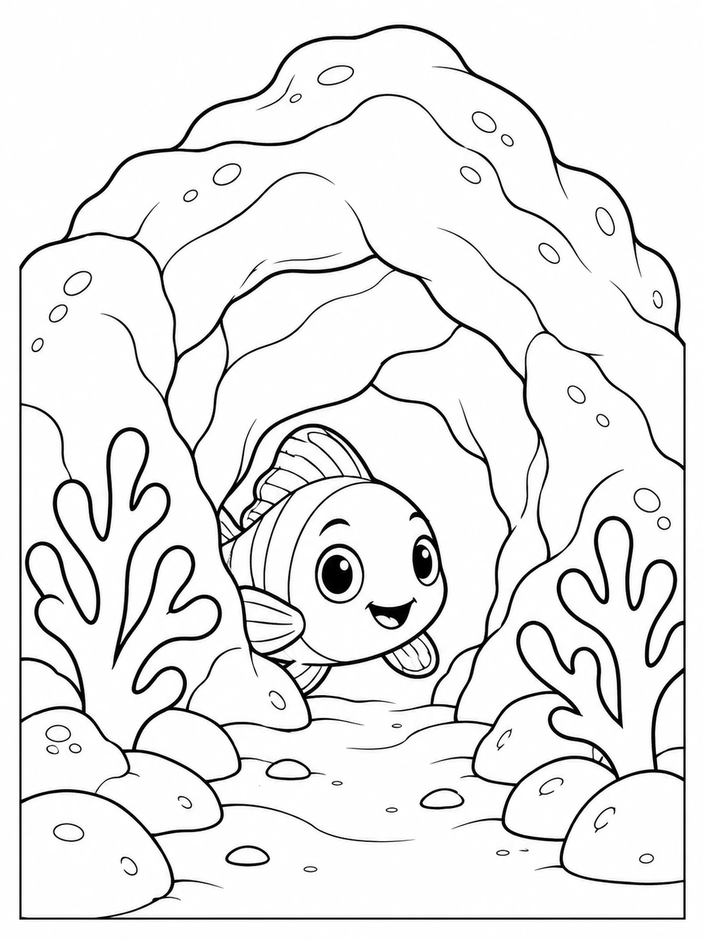 A smiling fish peeking from a broad cave opening, framed by coral branches.