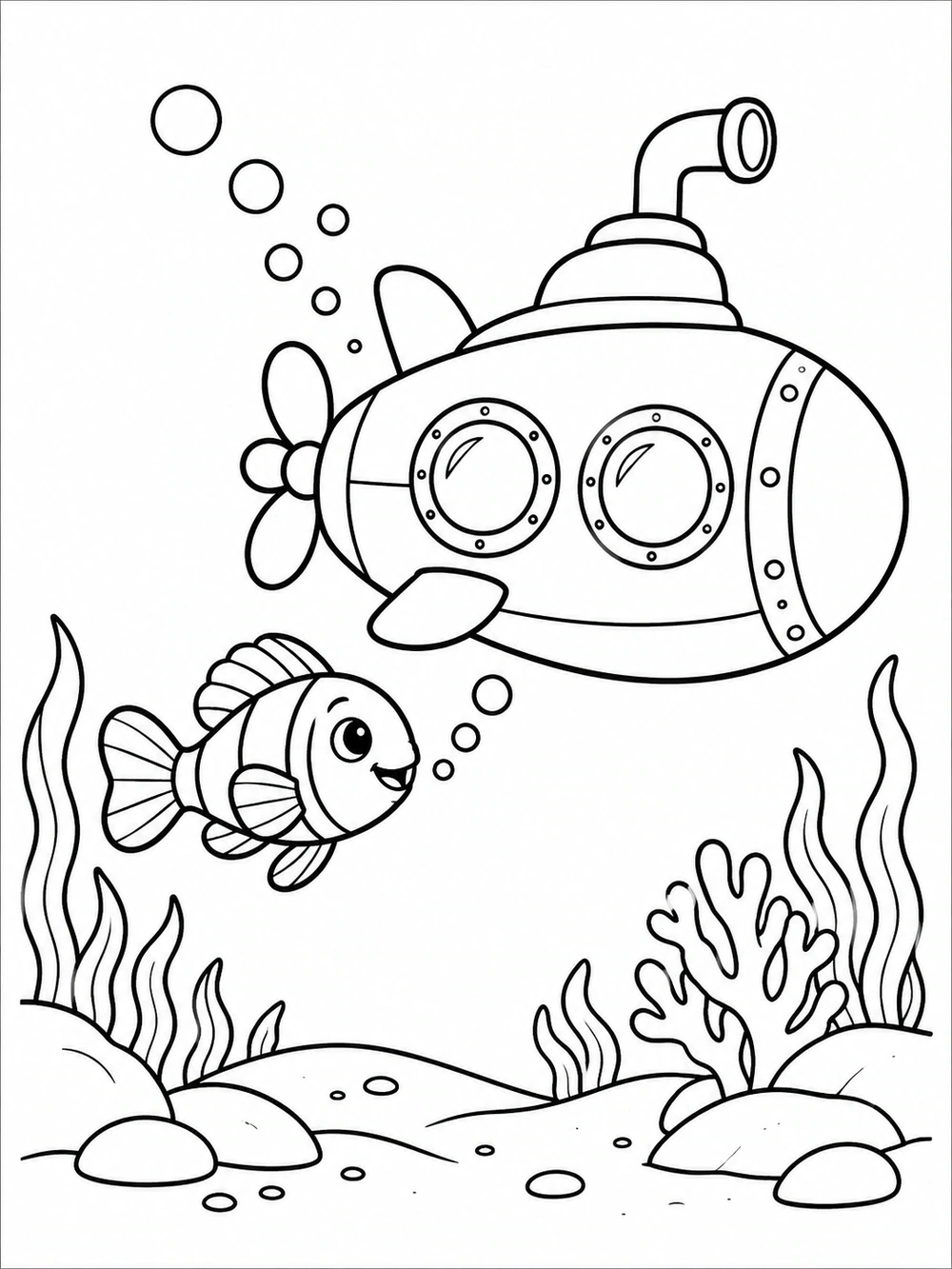 A small smiling fish follows a rounded toy submarine with two circular windows and a bubble trail, surrounded by seaweed and coral.