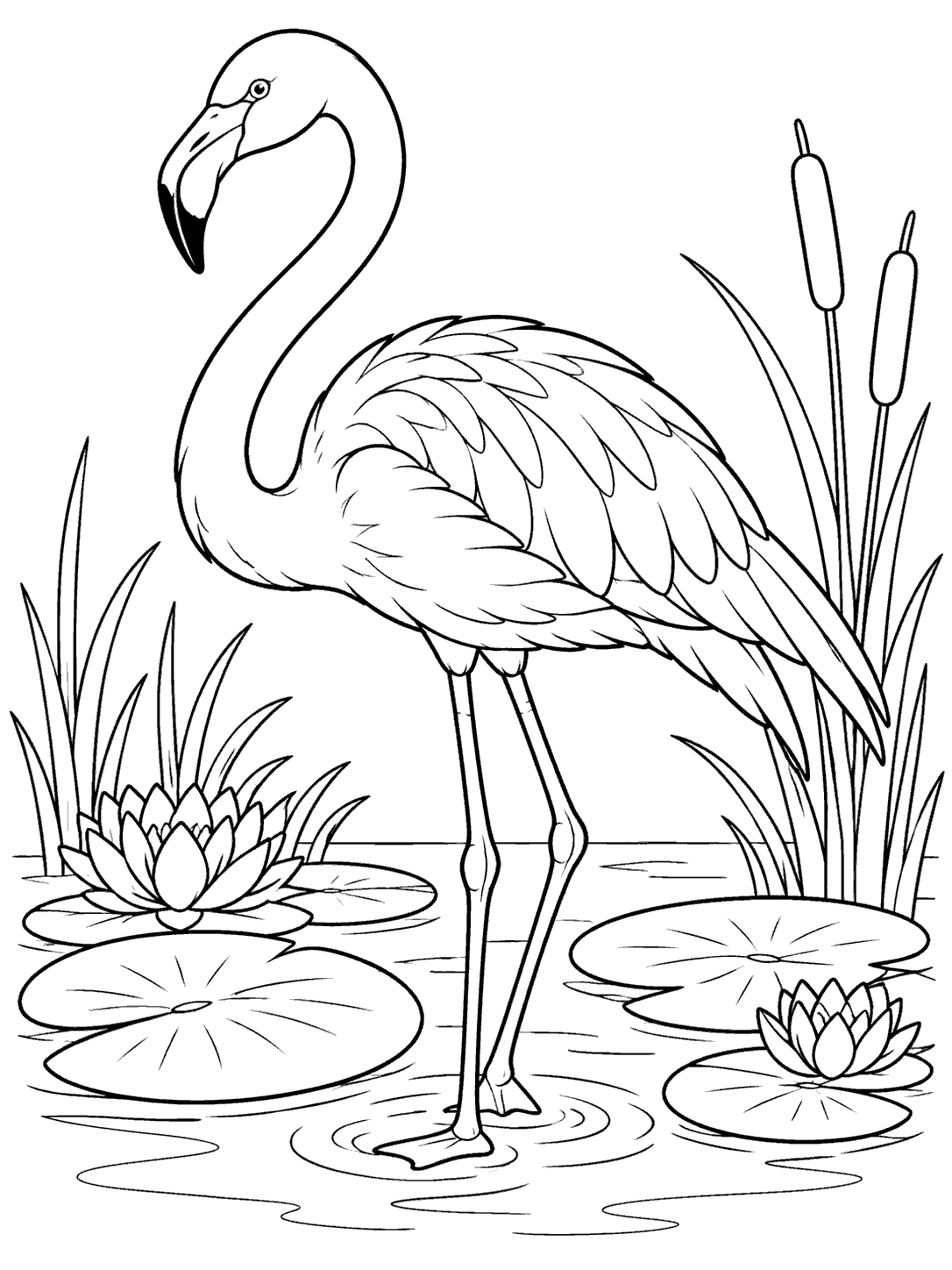 Full-body flamingo standing in shallow water with lily pads, water lilies, and reeds