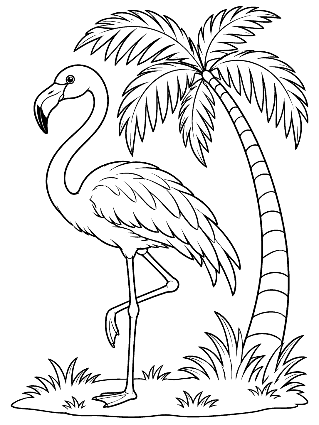 Tall flamingo beside a curved palm tree, standing on a small patch of grass.