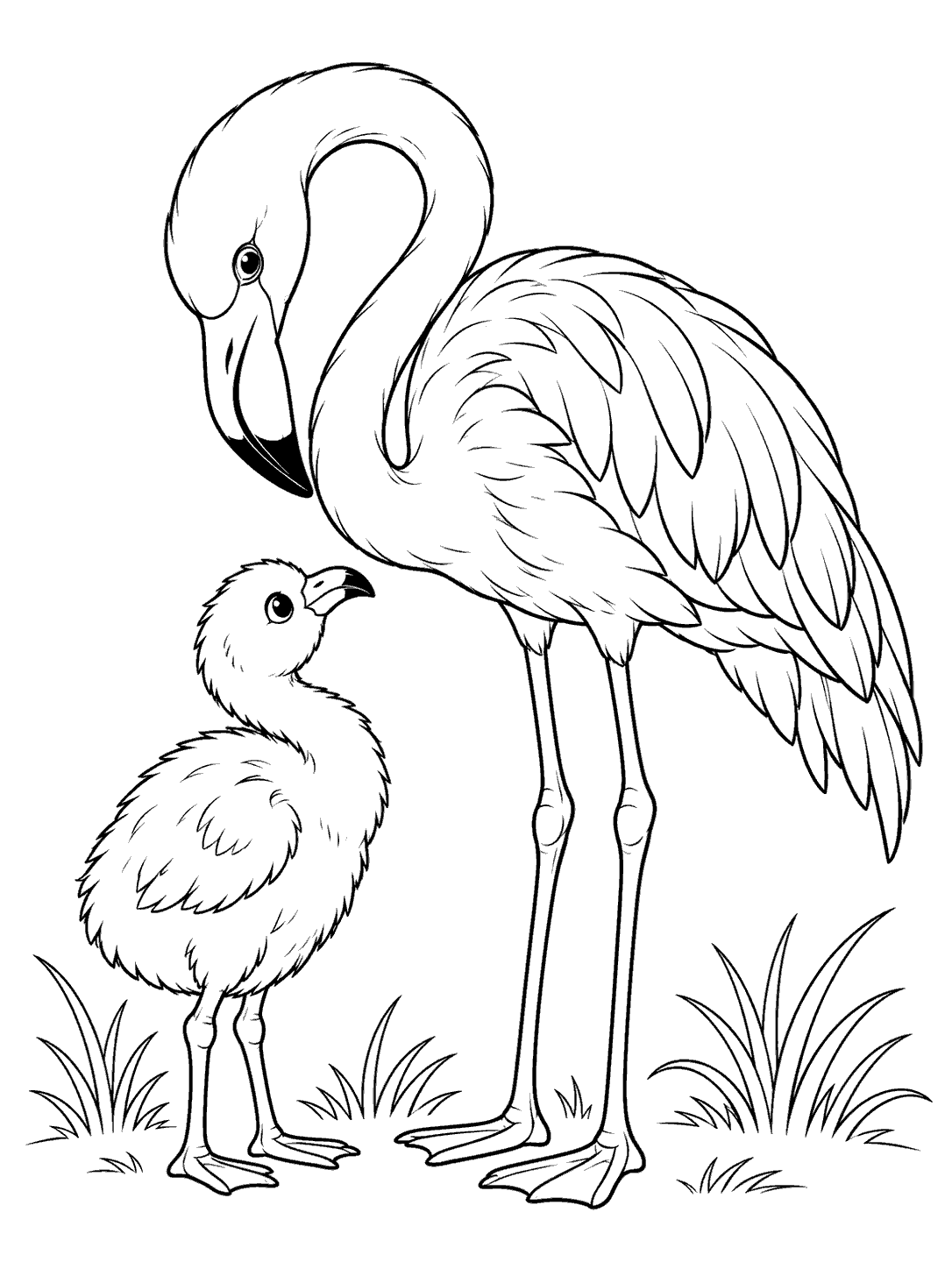 Adult flamingo bending its neck protectively toward a small fluffy chick, with grasses at their feet.