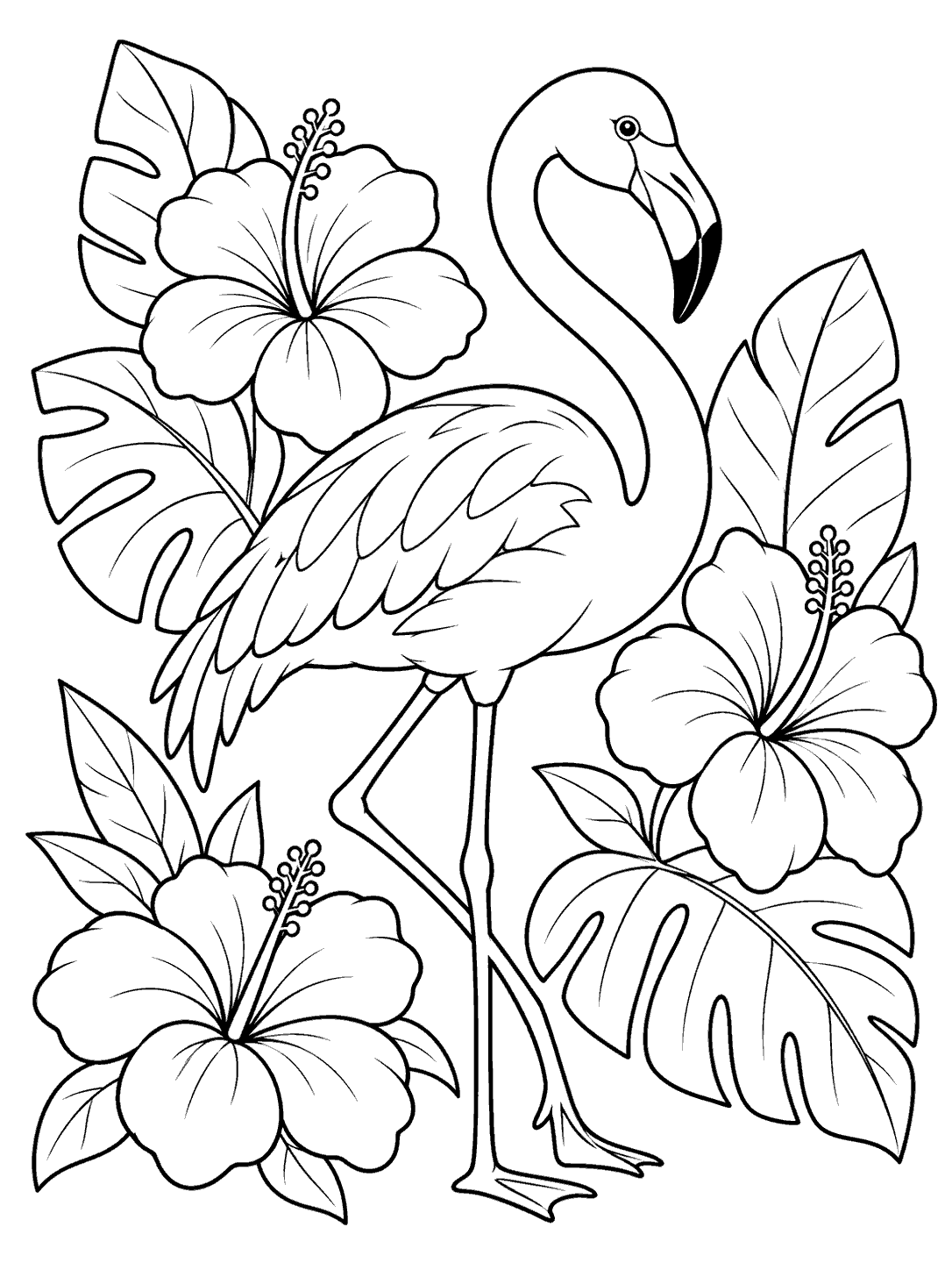 Black-and-white flamingo coloring page with three tropical flowers and broad leaves