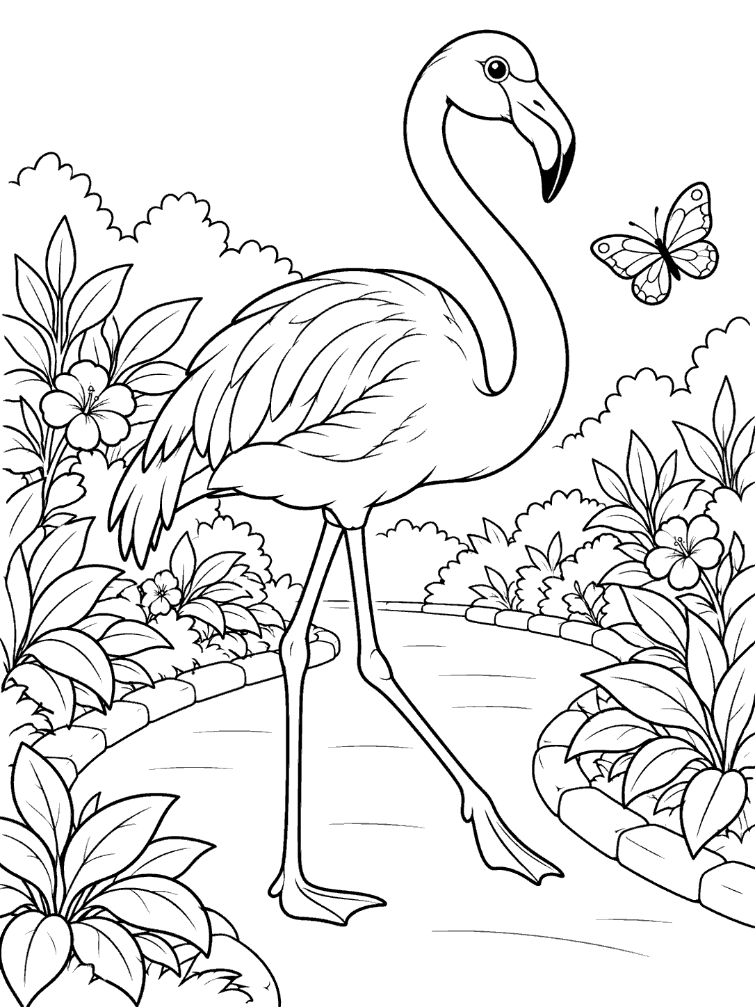 A long-legged flamingo walking along a curved garden path bordered by leafy plants and flowers, with a butterfly beside it.