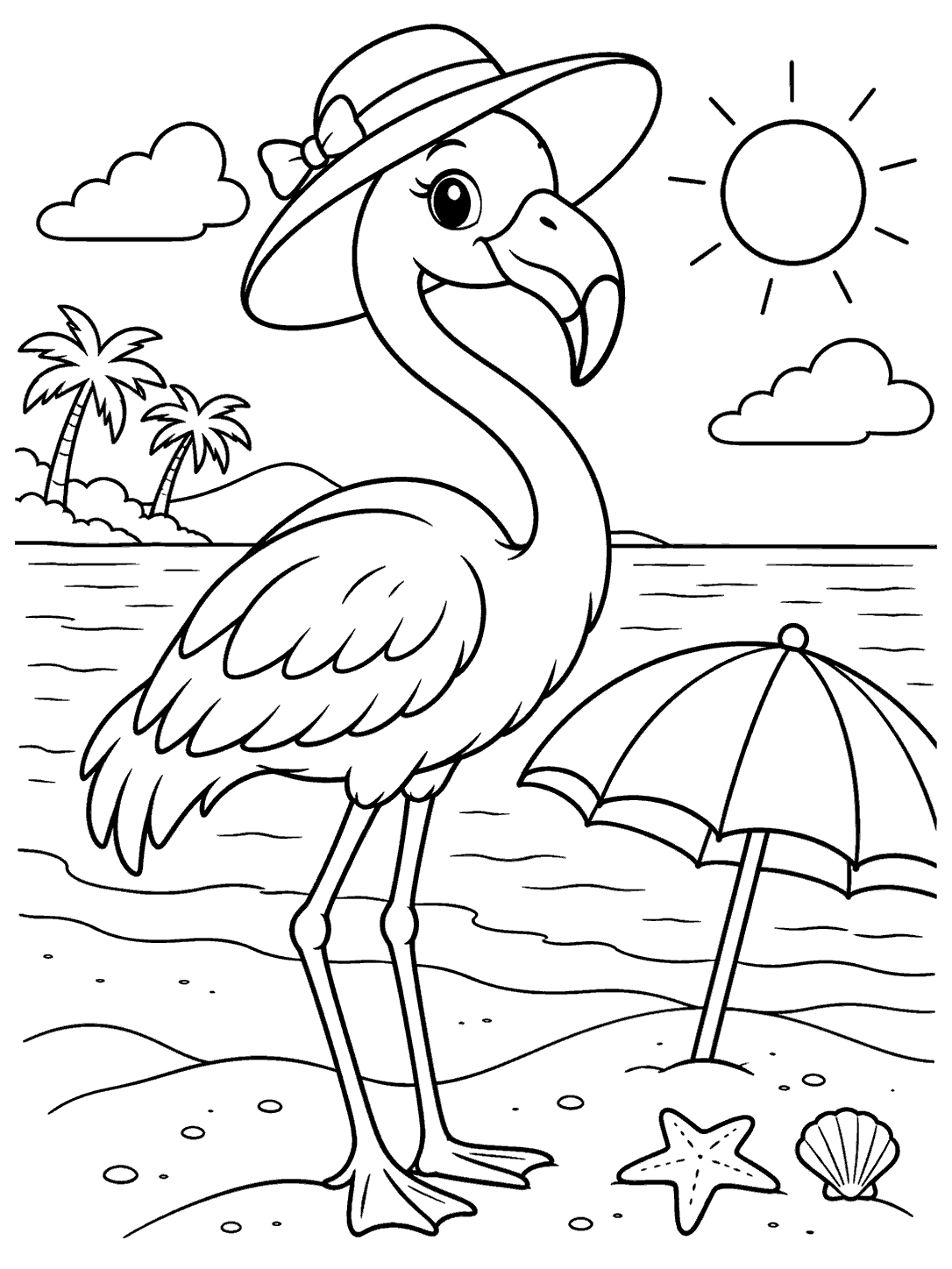 Friendly flamingo in a wide-brimmed hat standing beside a beach umbrella on a sunny shore, with palms, clouds, shells, and a starfish.
