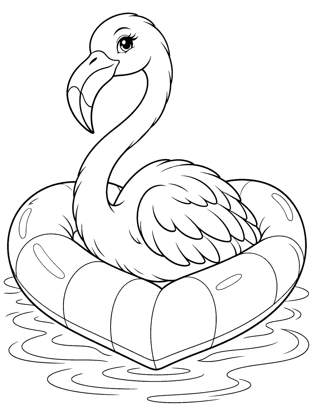 A relaxed flamingo seated upright in a heart-shaped inflatable float, with water ripples below.