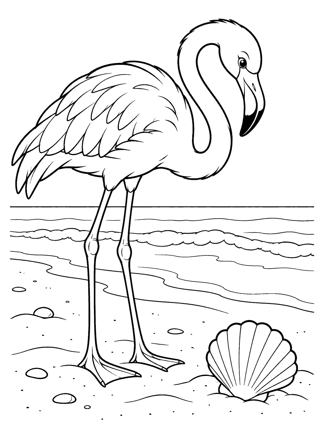 A flamingo standing beside a large scallop shell on a quiet shoreline, with curved waves in the distance.