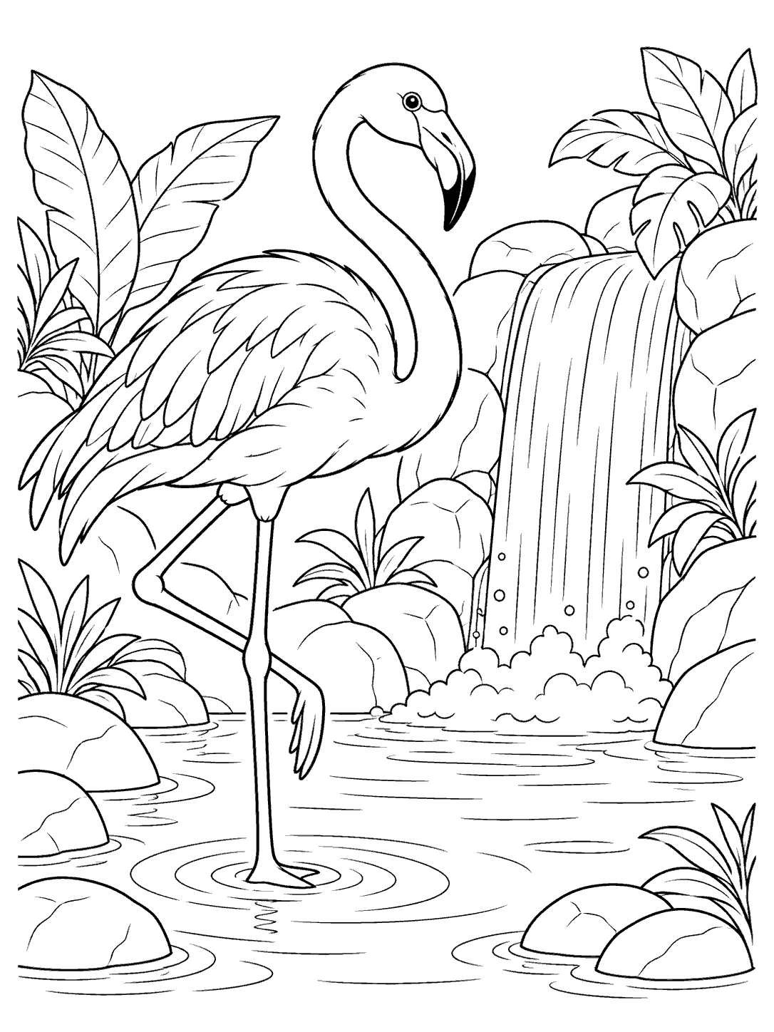 Black-and-white coloring page of a flamingo beside a waterfall, with rocks, leaves, and ripples.