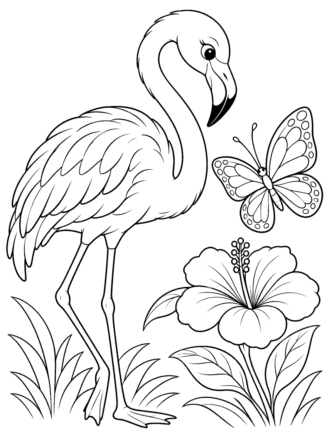 A flamingo curves its neck toward a four-winged butterfly hovering over a large flower, surrounded by a few leaves and grasses.