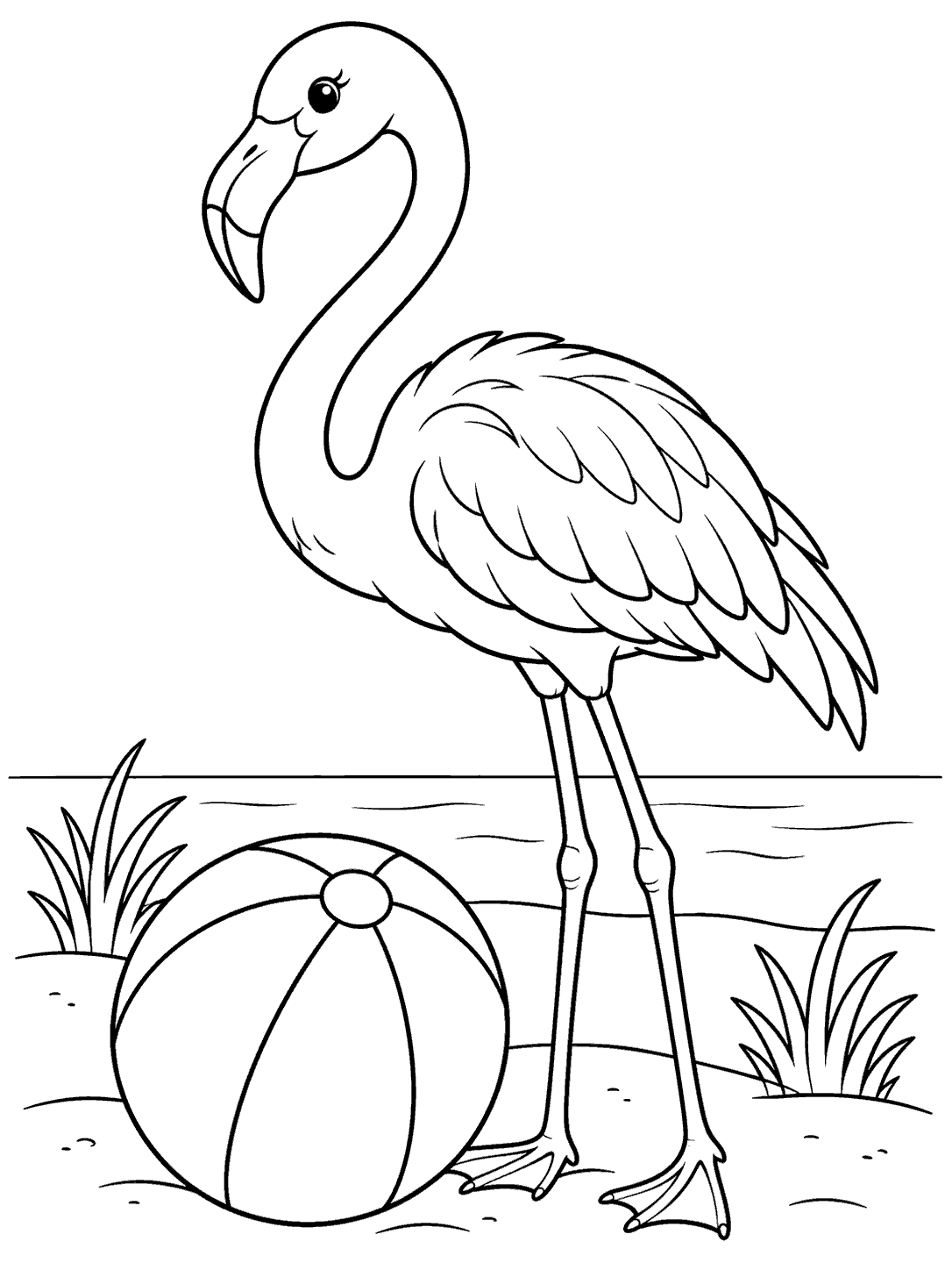 Black-and-white coloring page of a standing flamingo beside a segmented beach ball, with a horizon and grass tufts.