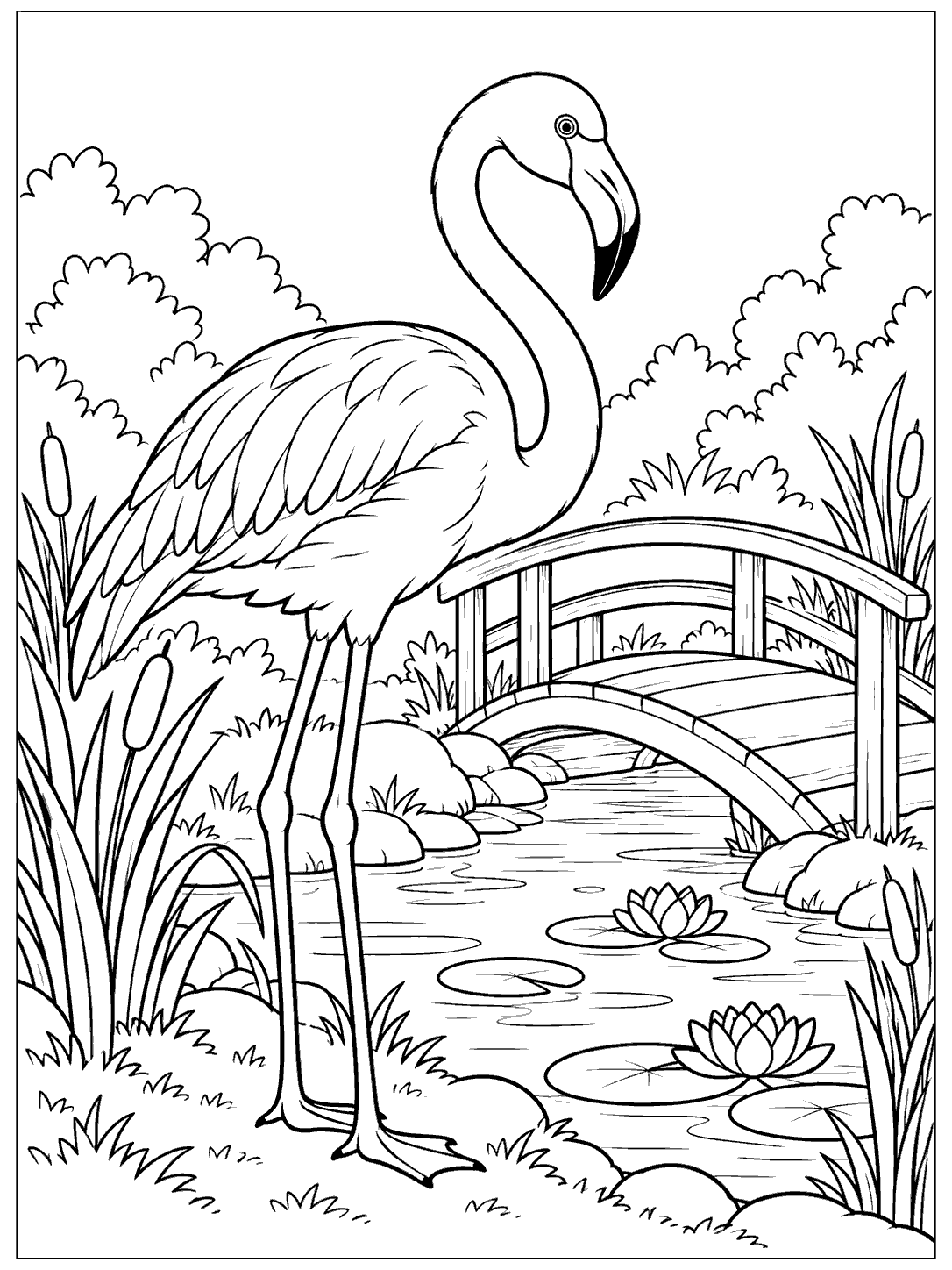 Flamingo beside a small arched bridge over a pond, surrounded by reeds and lily pads.