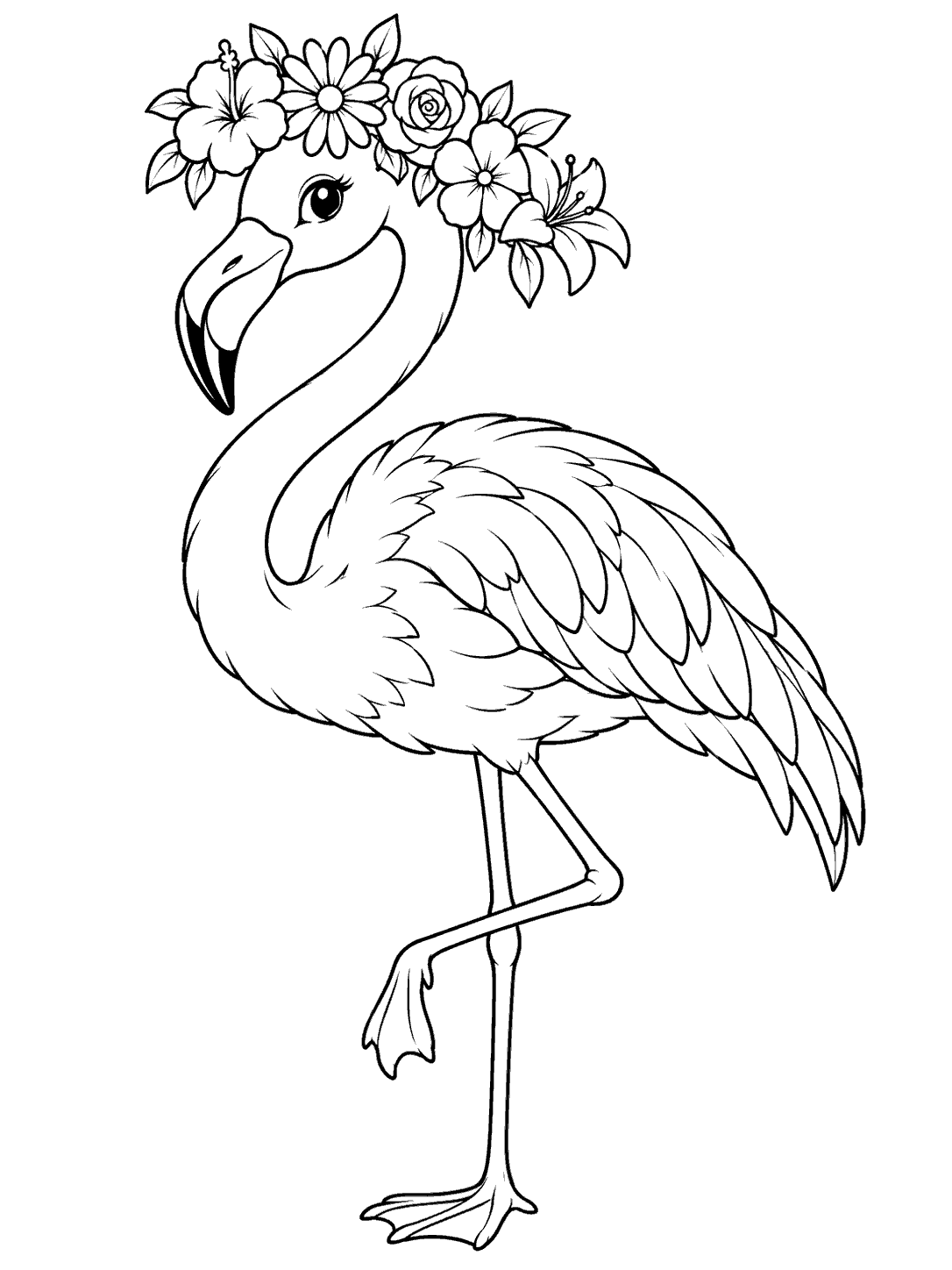 Full-body flamingo with a gently curved neck and a five-flower crown, drawn in black outlines on white.