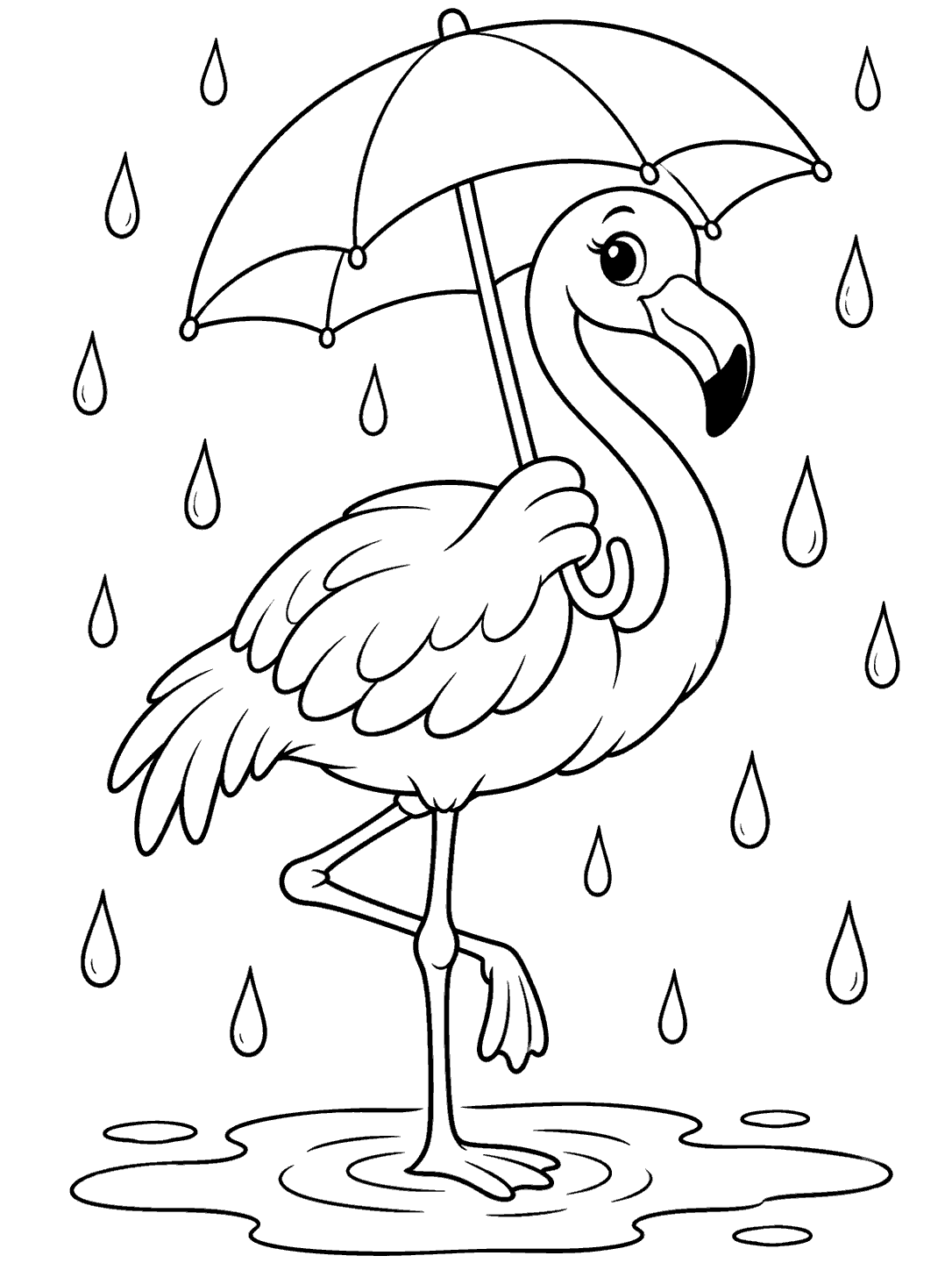 Flamingo holding a small umbrella under raindrops above a shallow puddle
