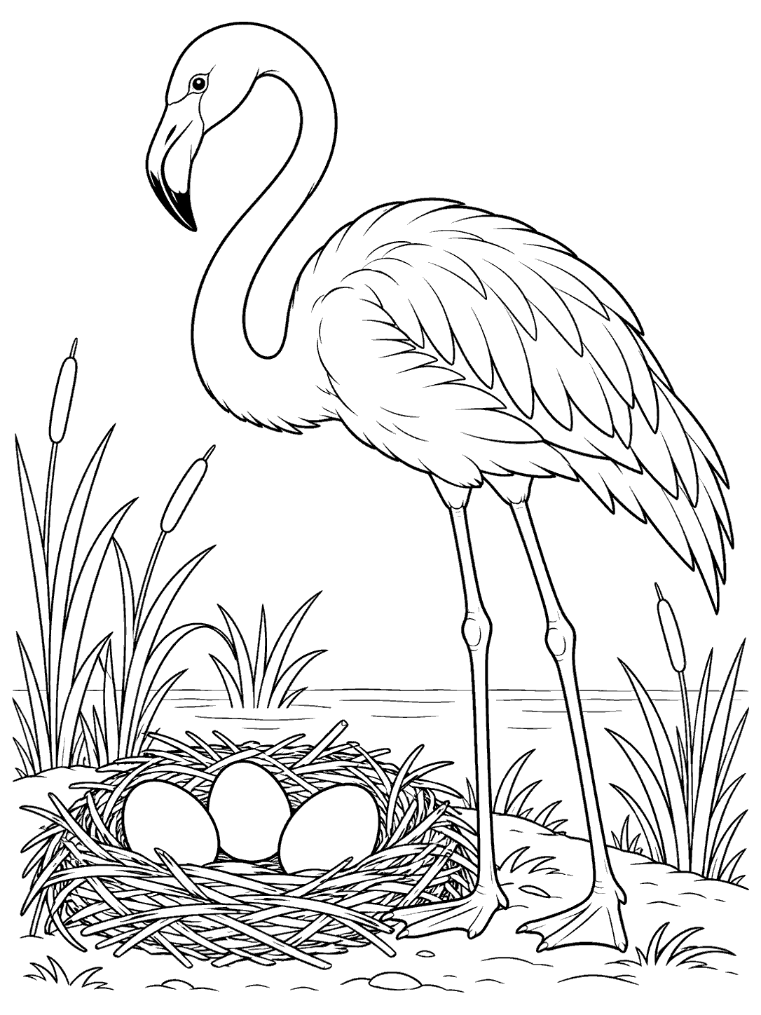 Flamingo beside a nest with three eggs