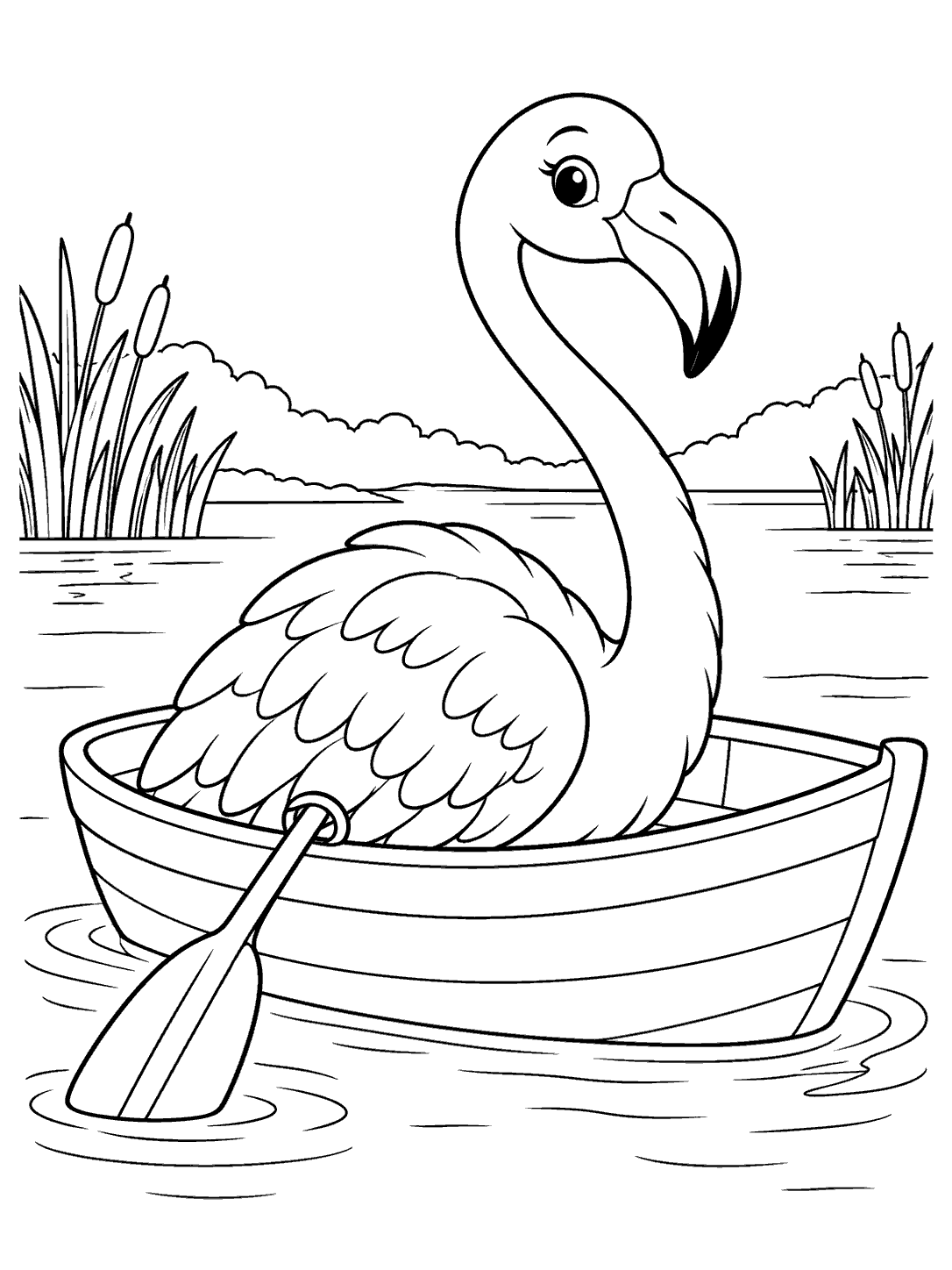 A large flamingo sitting upright in a rowboat with a paddle, surrounded by ripples and distant reeds.