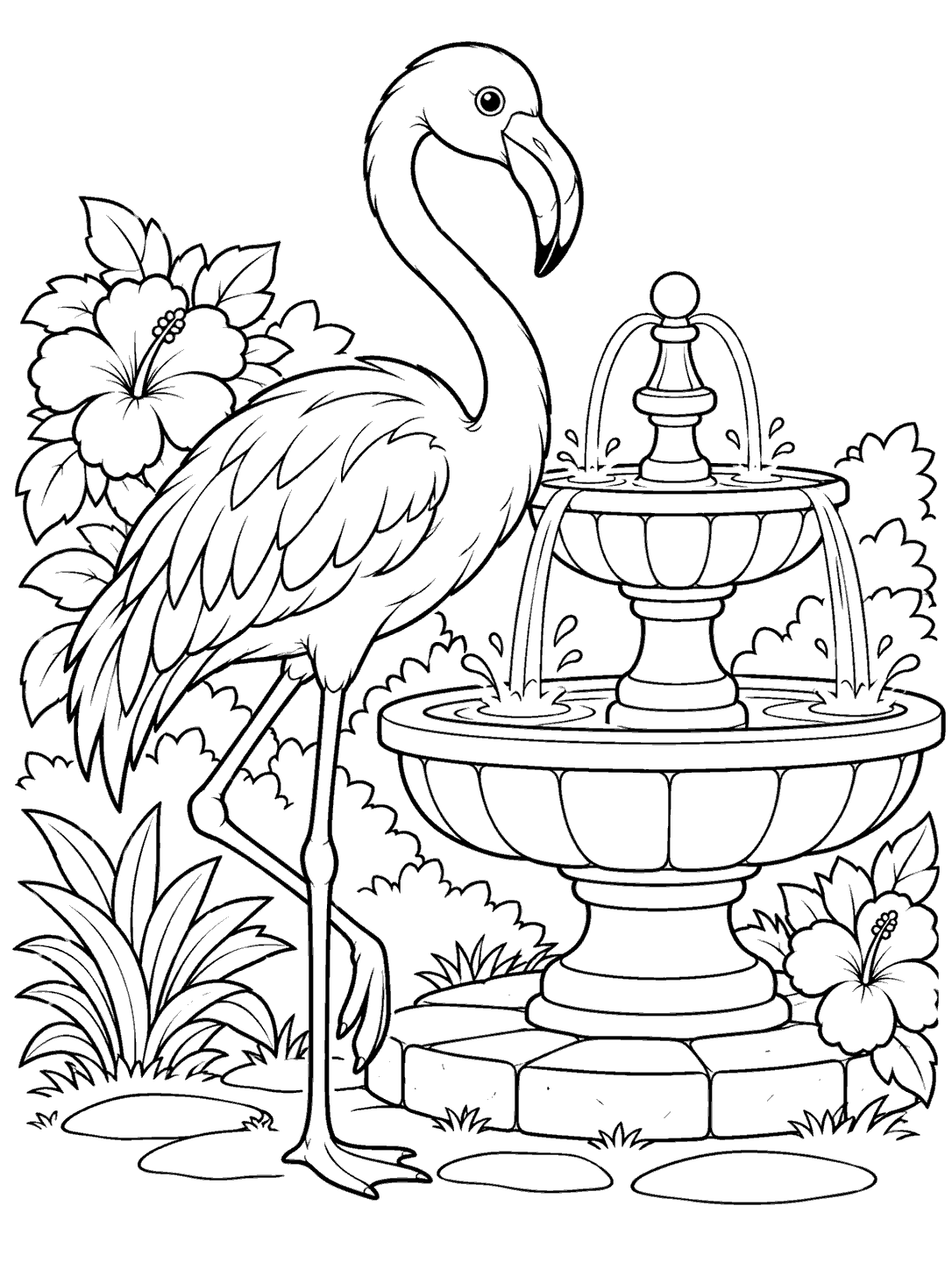 A black-and-white flamingo coloring page showing the bird beside a two-tier fountain, with flowers and garden foliage.