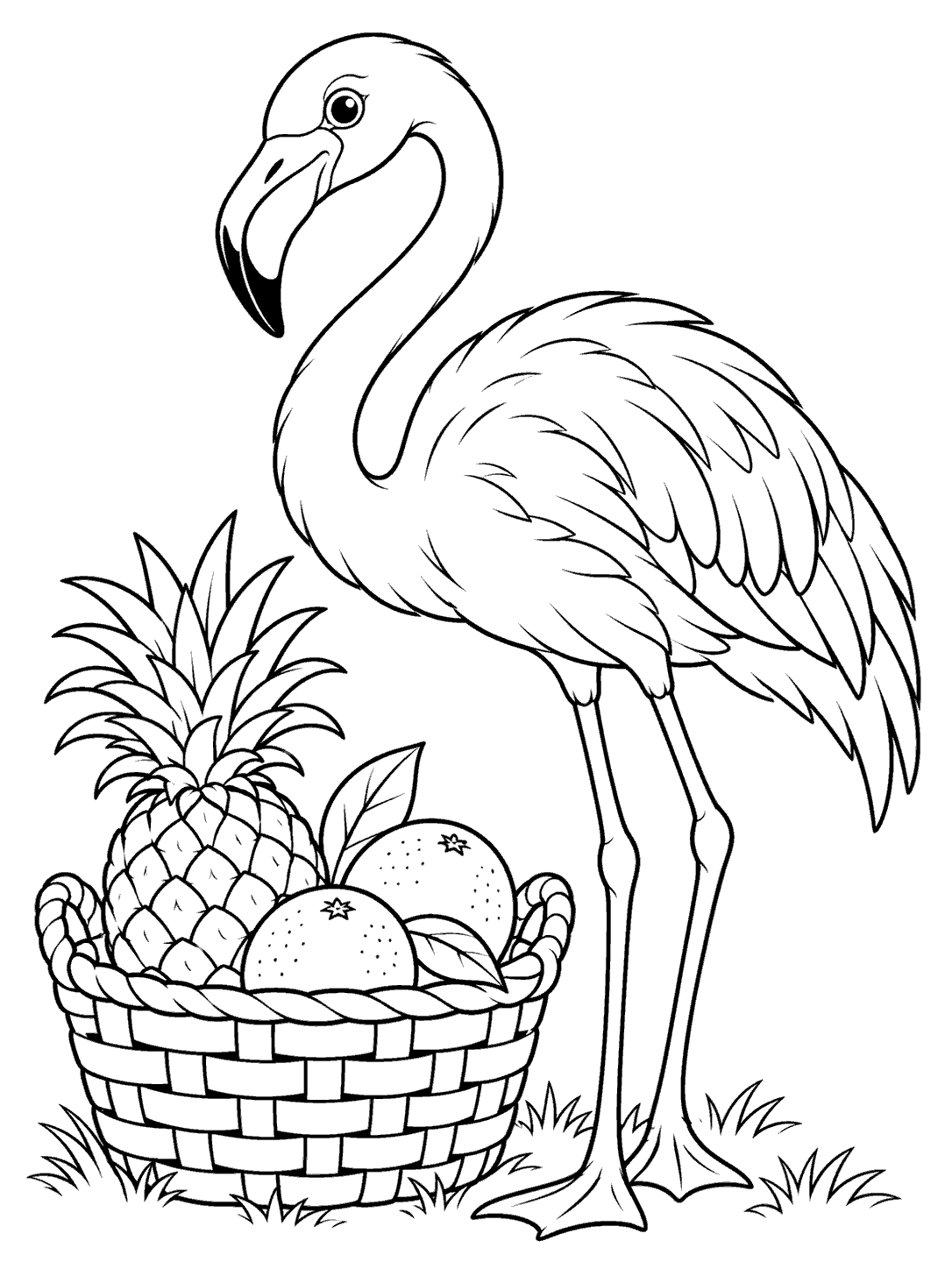 Black-and-white flamingo coloring page showing a flamingo beside a woven basket with one pineapple and two citrus fruits.