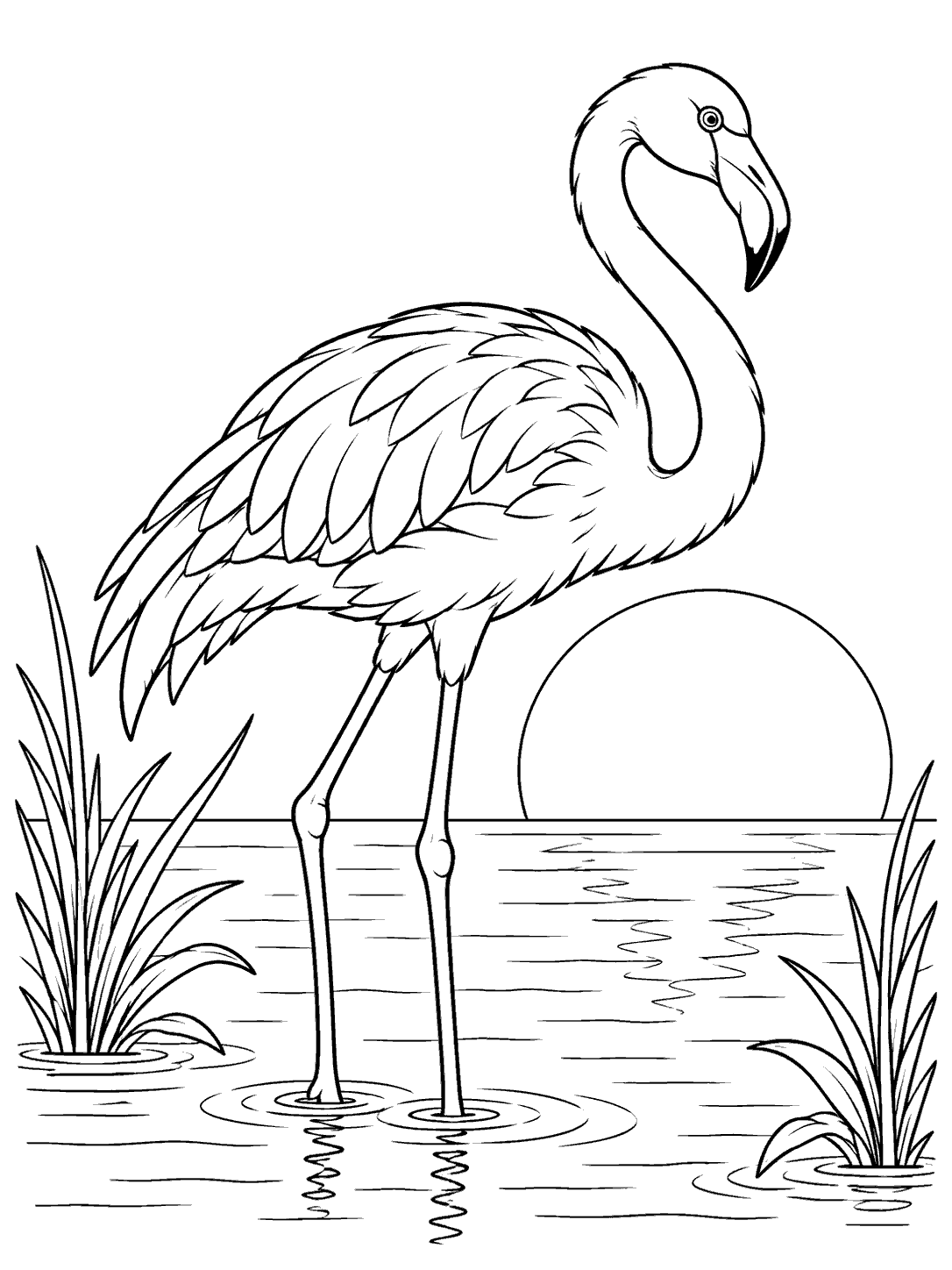 A long-legged flamingo stands among reeds in shallow water, with a large outlined sun at the horizon.