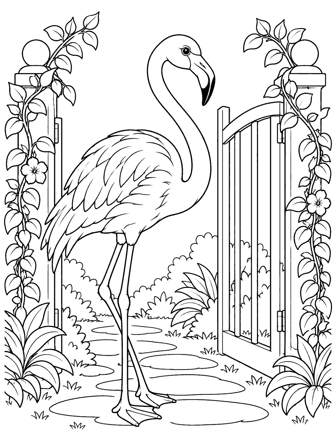 A tall flamingo beside an open garden gate, with leafy vines, flowers, and a garden path.
