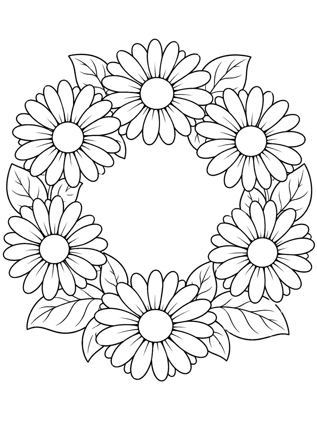 Printable black-outline coloring page of a circular wreath made from six large daisies and broad leaves.