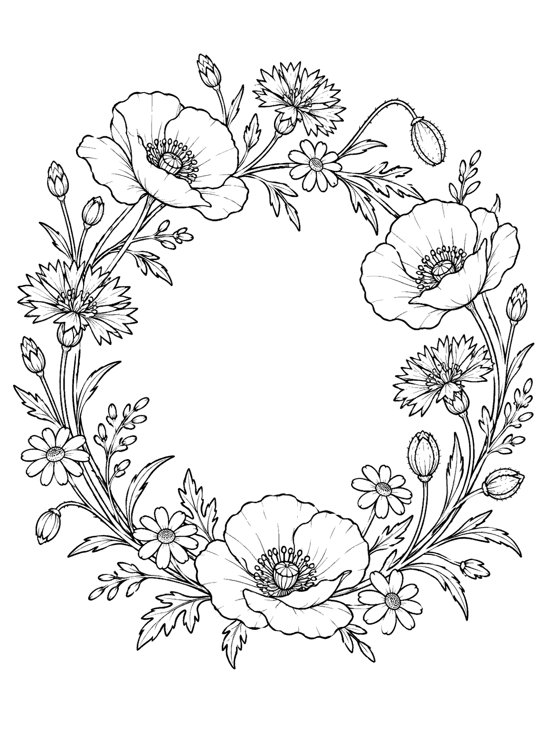 Portrait black-outline coloring page of an open wreath with poppies, cornflowers, daisies, buds, and leaves.