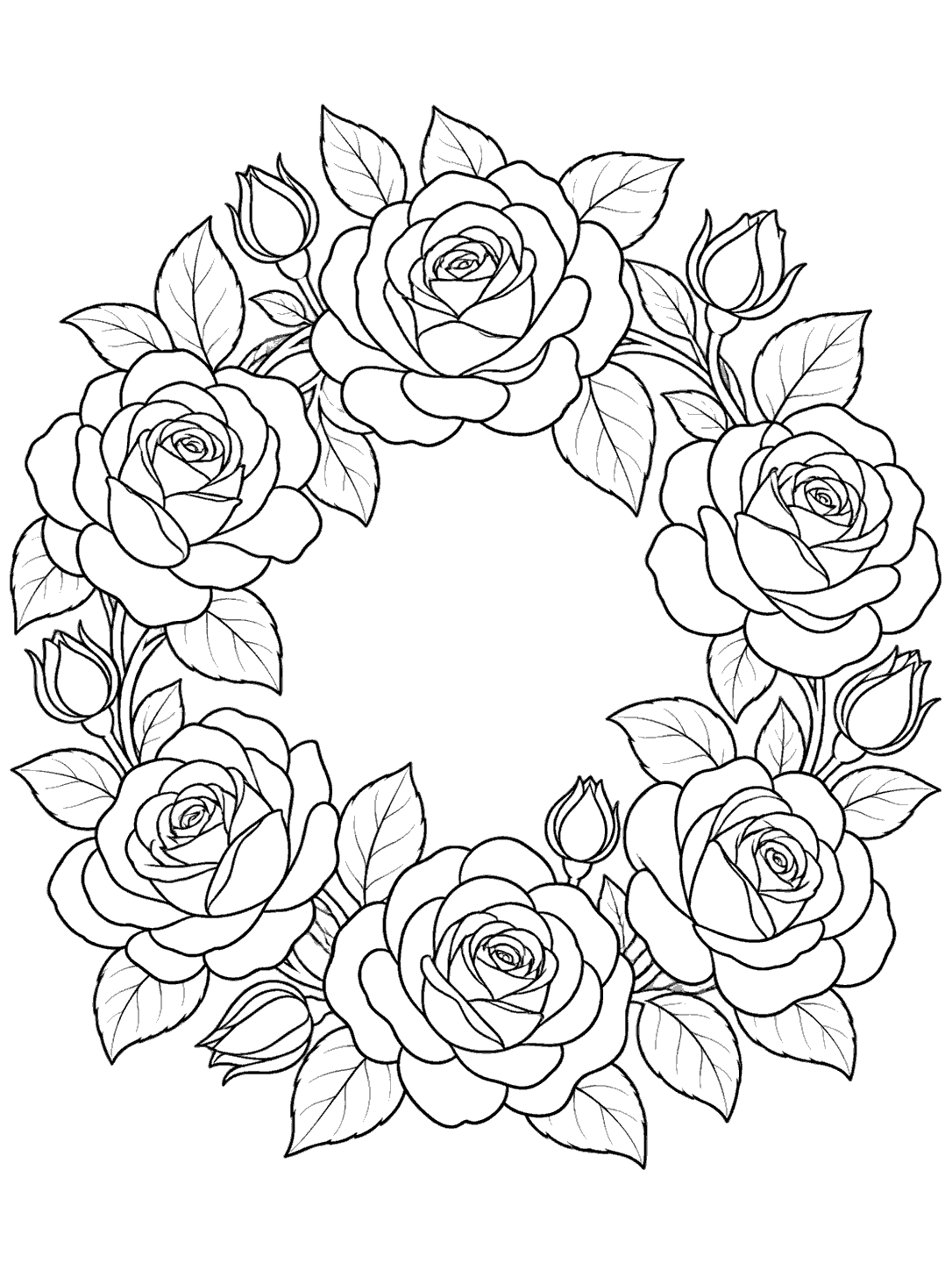 Printable black-outline coloring page of a circular wreath with layered roses, buds, and broad leaves.