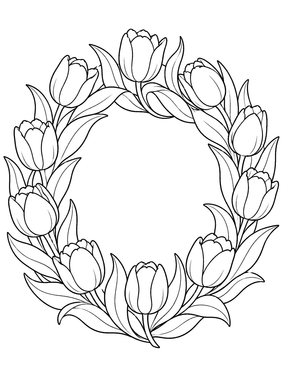 Printable black-outline coloring page showing a wreath of upright tulips and long leaves on white.
