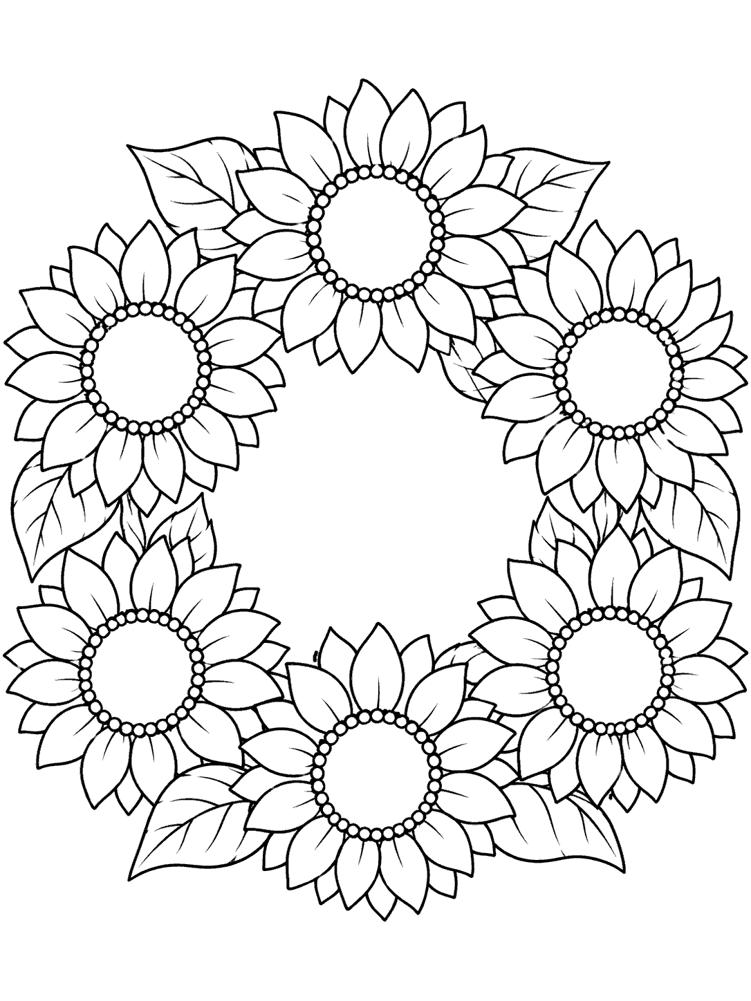Printable black-outline coloring page of a circular wreath made from six large sunflowers and leaves.