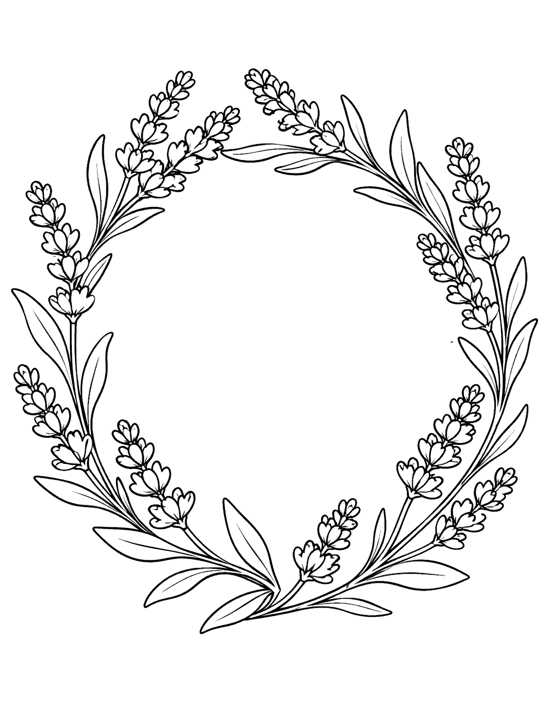 Portrait black-outline coloring page of an open circular lavender sprig wreath on white.