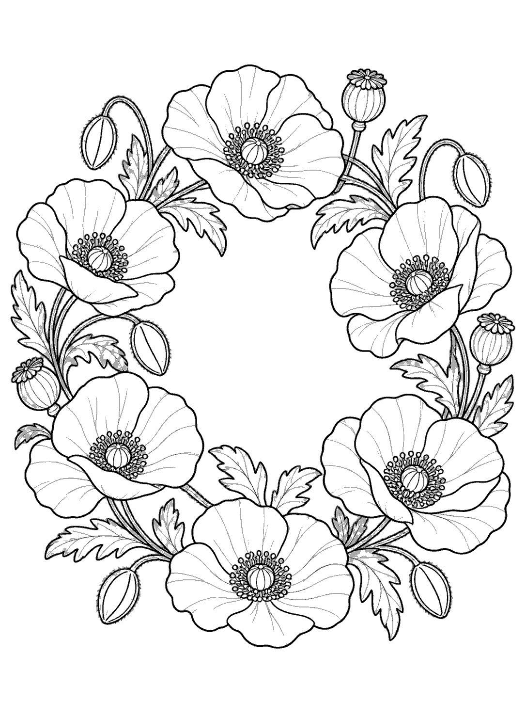 Portrait black-outline coloring page showing a circular wreath of poppies, leaves, buds, and seed pods.