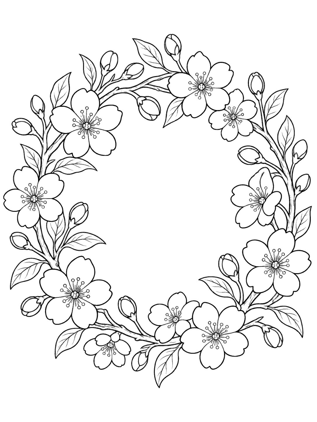 Printable black-outline coloring page of a cherry blossom wreath