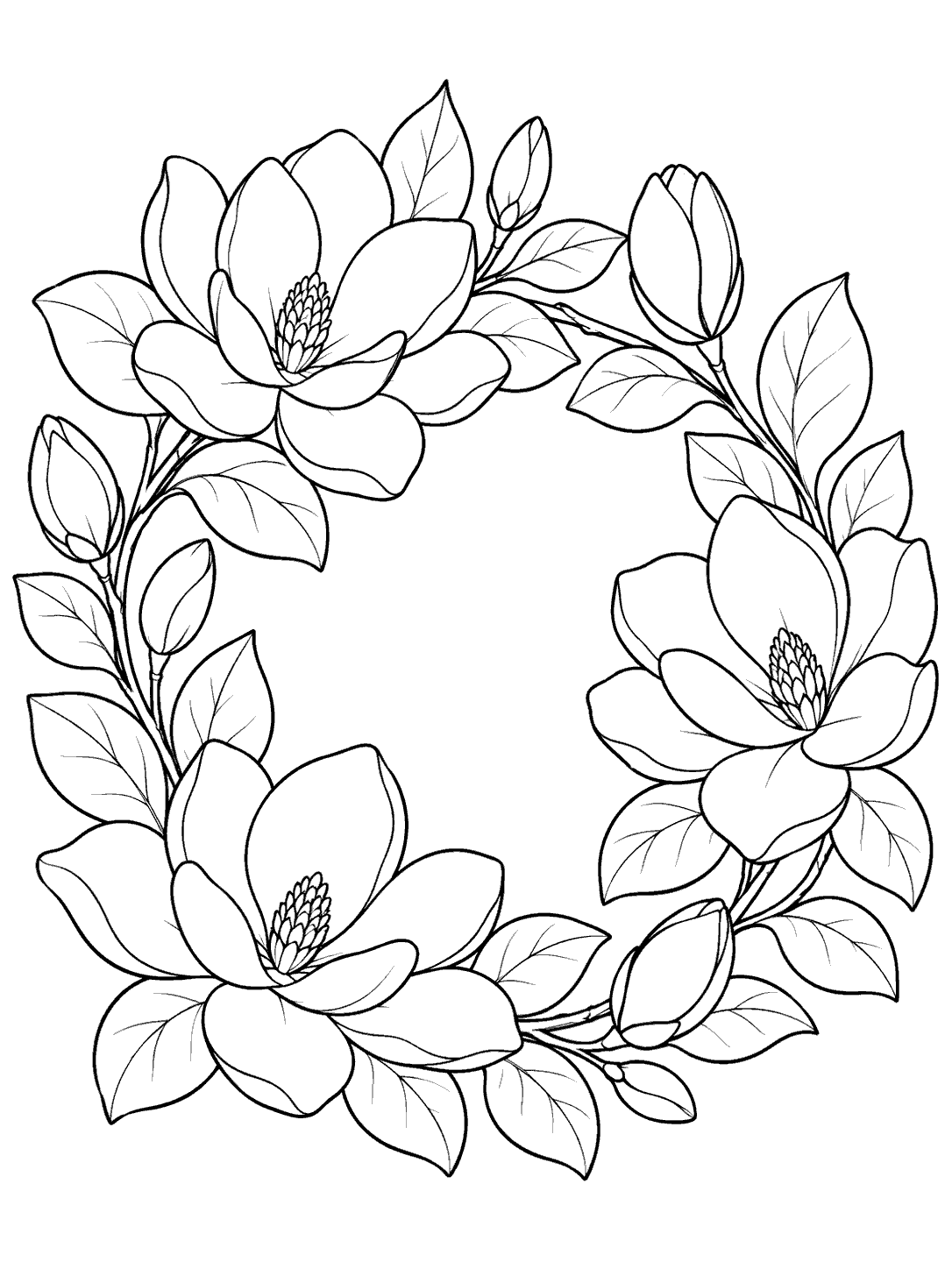 Printable black-outline coloring page of a magnolia wreath