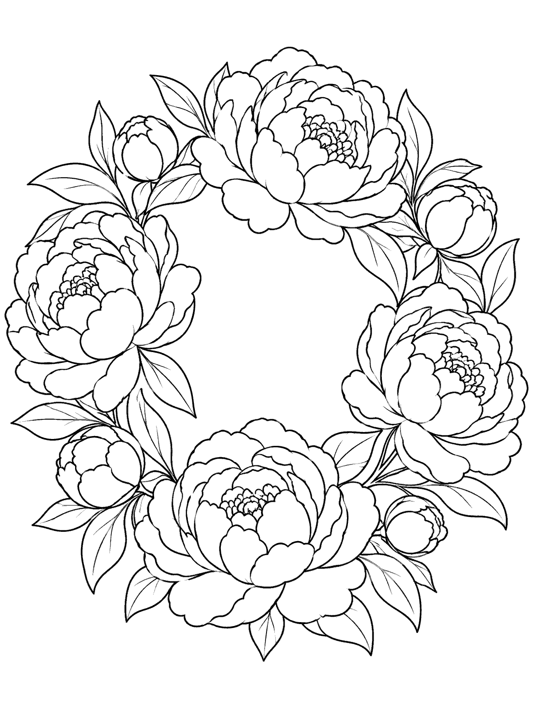 Printable black-outline coloring page of a peony wreath
