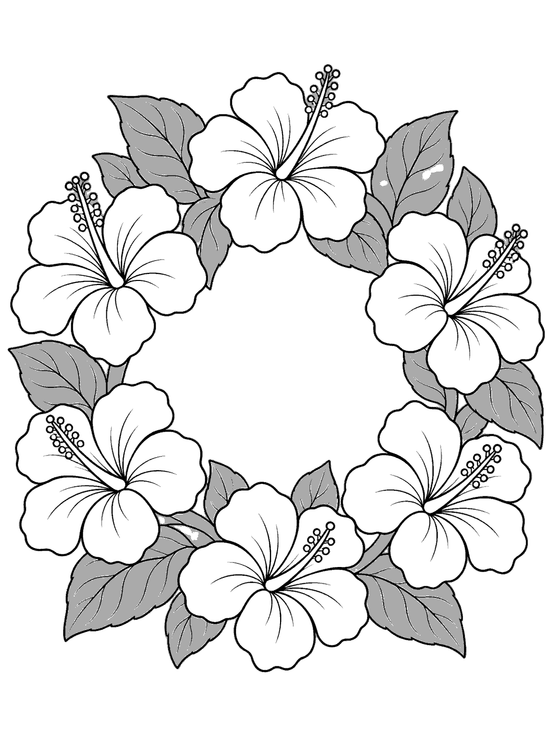 Black-outline coloring page showing six hibiscus flowers and leaves arranged in a circular wreath.