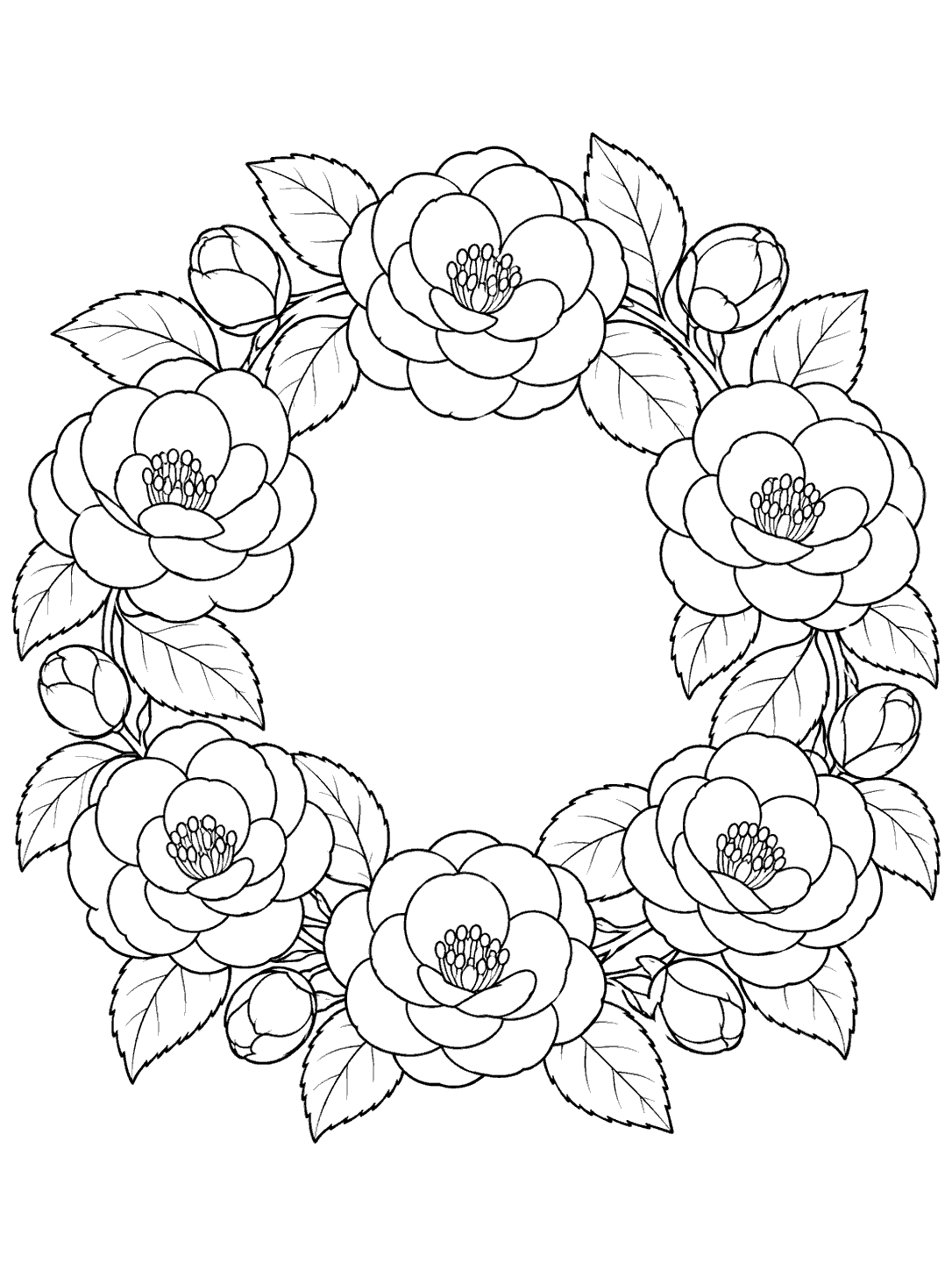 Portrait black-outline coloring page showing a circular wreath of layered camellias, buds, and toothed oval leaves.
