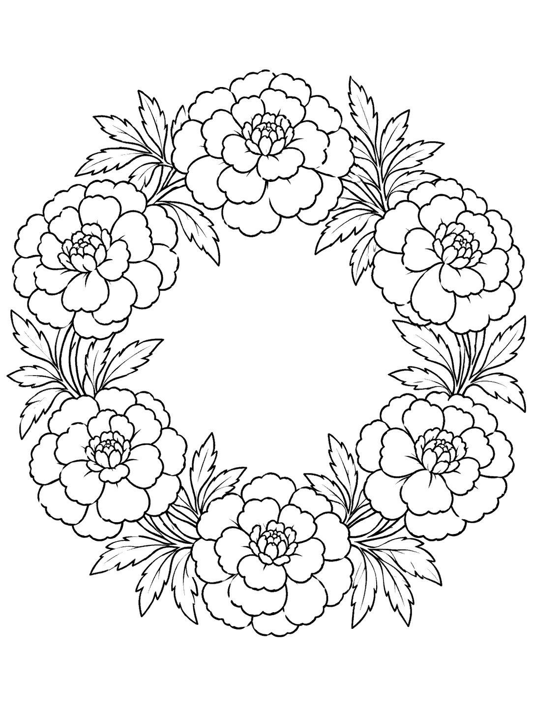 Printable black-outline coloring page of a circular marigold wreath with divided leaves and an open center.