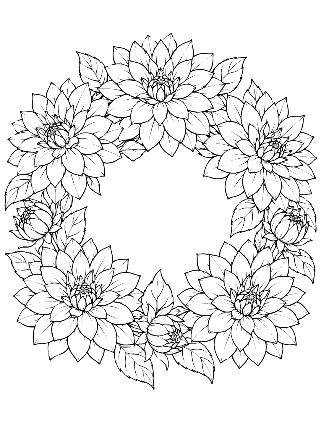 Portrait black-outline coloring page showing a circular wreath of layered dahlias and leaves on white.