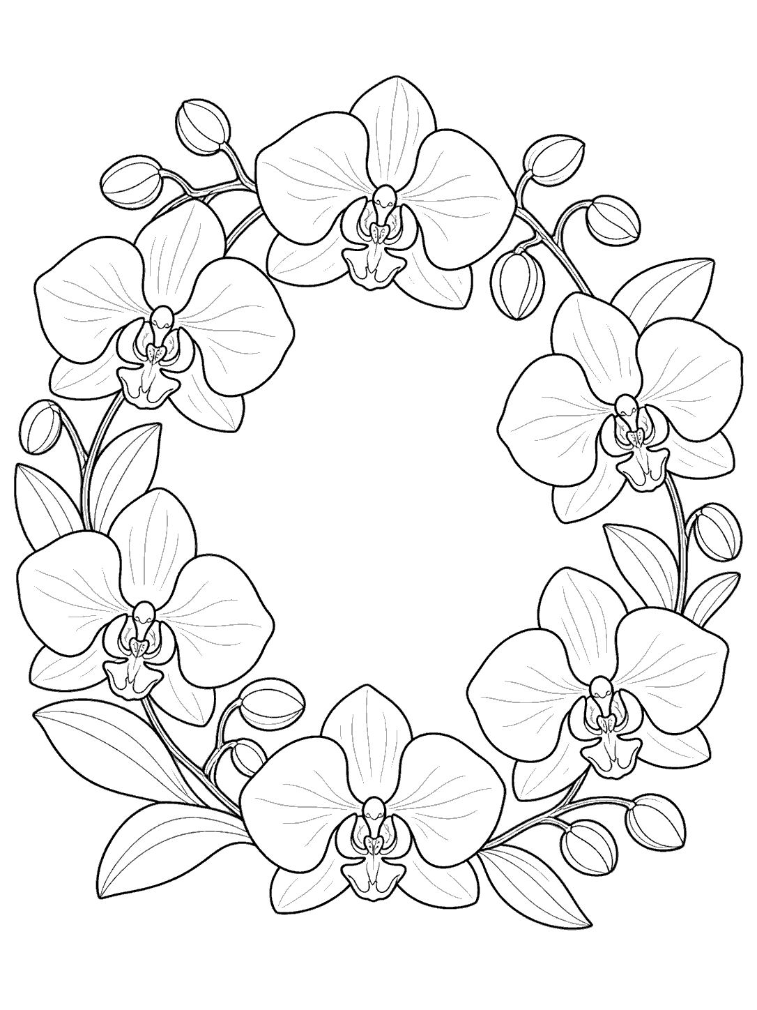 Printable black-outline coloring page of a circular orchid wreath with broad petals, central lips, buds, and leaves.