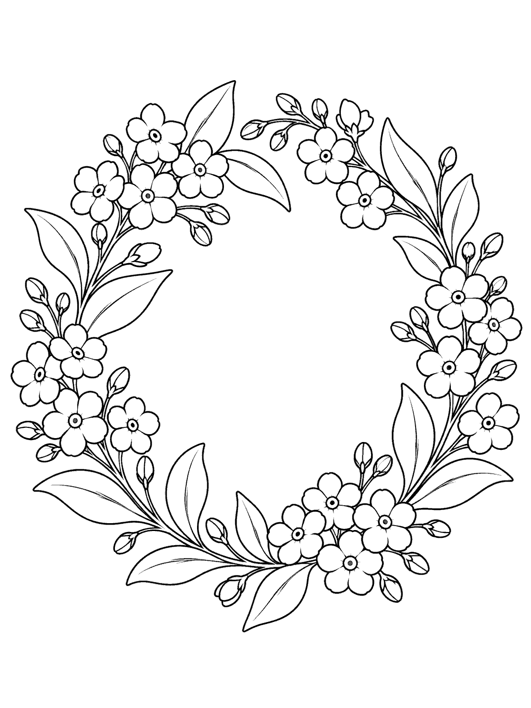 Portrait black-outline coloring page showing a circular forget-me-not wreath with five-petal flowers, leaves, and open spaces.