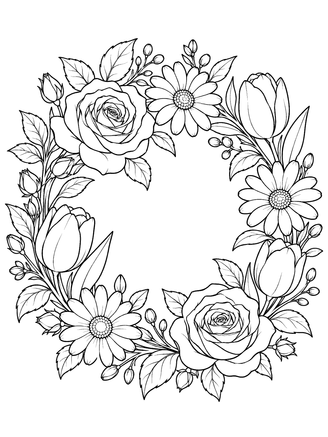 Printable black-outline coloring page of a cottage garden wreath with roses, daisies, tulips, leaves, and buds.