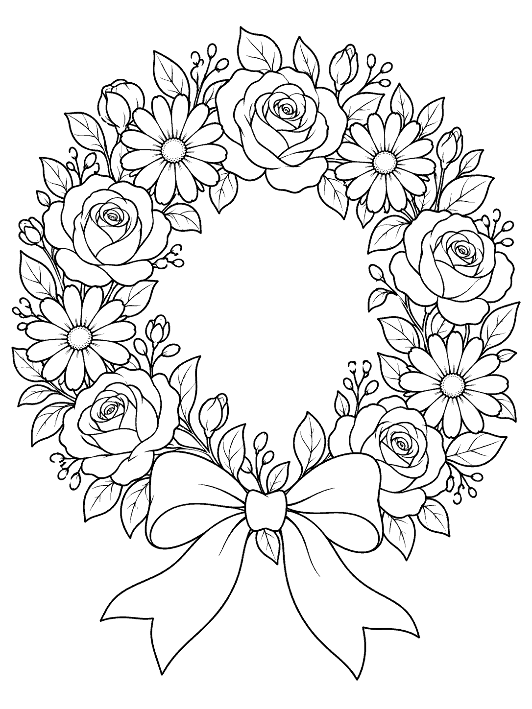 Printable black-outline coloring page of a floral wreath with a large ribbon bow, daisies, and roses.