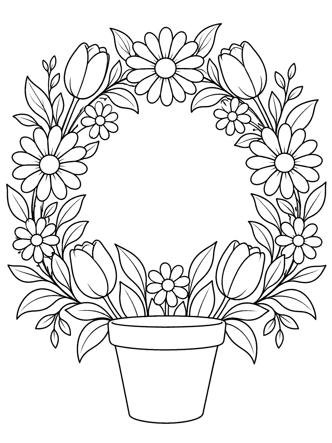 Printable black-outline coloring page with daisies, tulips, and leaves forming a wreath above a plain flowerpot.