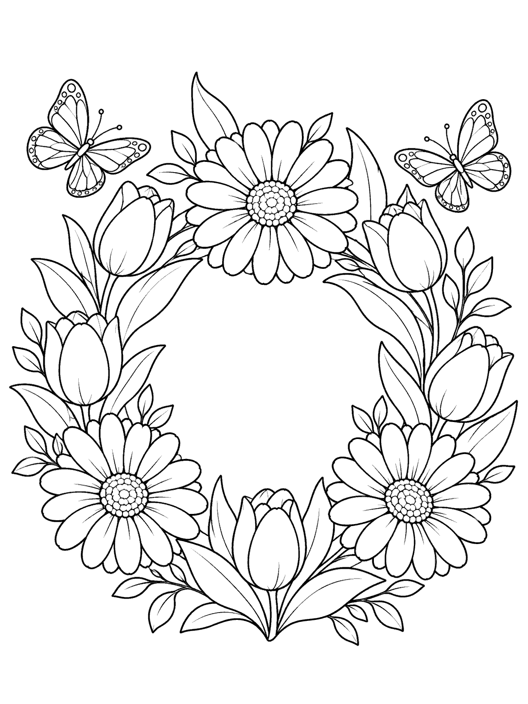 Printable black-outline coloring page of a floral wreath with butterflies